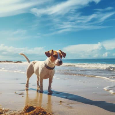 浜辺で遊ぶ犬