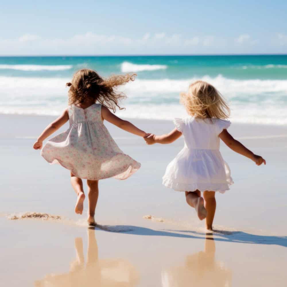 two little girls playing and running on beach shore in summer