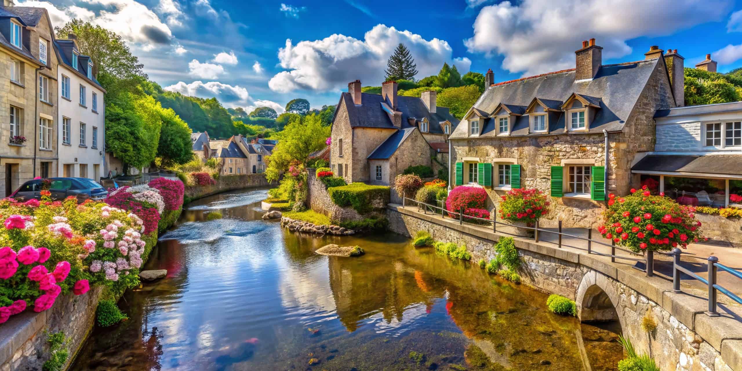 panoramic view of pont aven, brittany: charming river & historic street